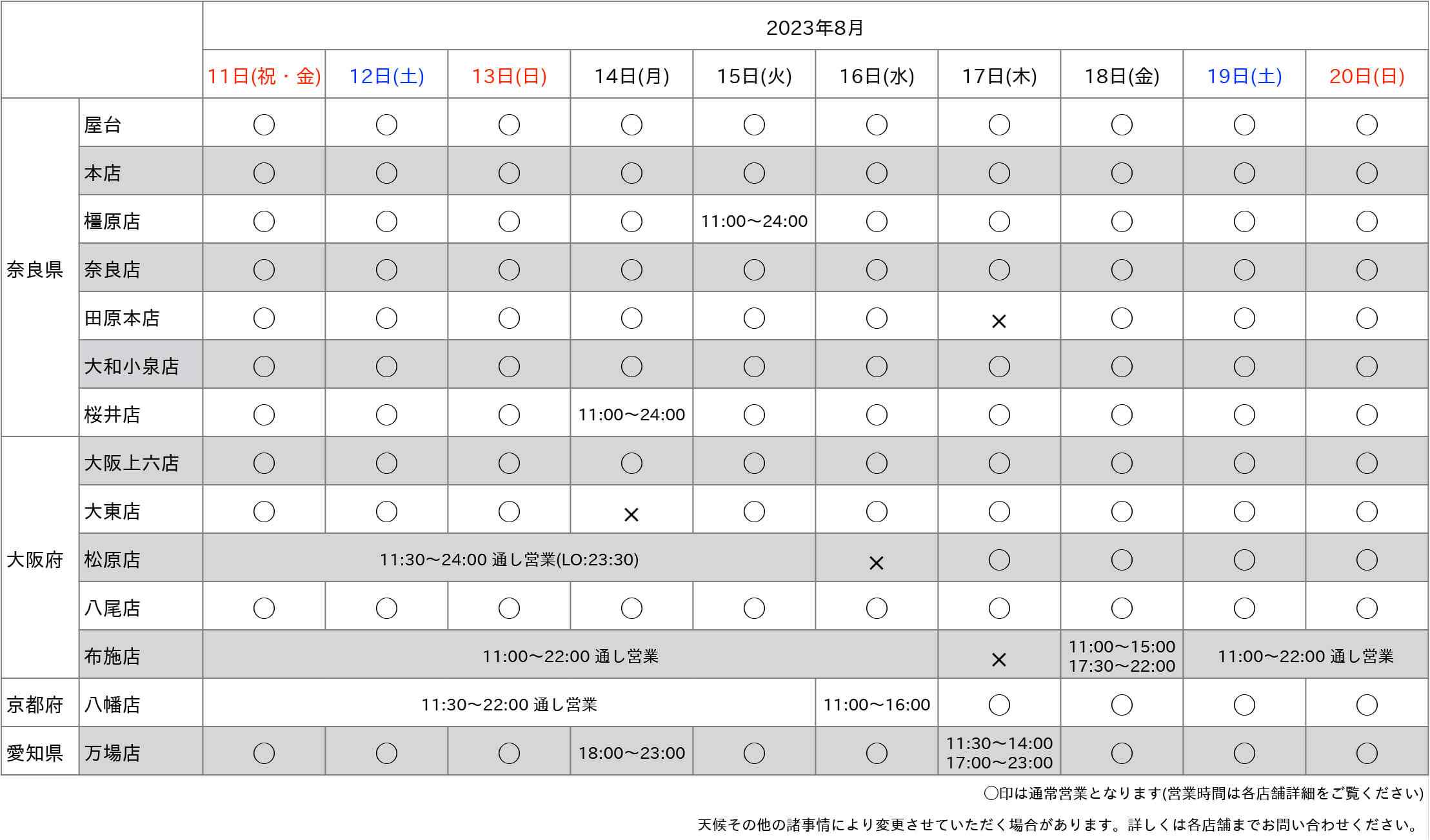 2023年お盆期間中の営業