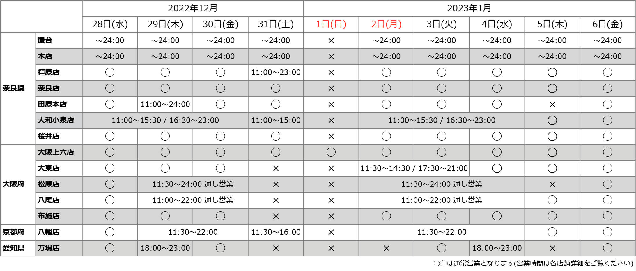 2022年-2023年年末年始の営業日