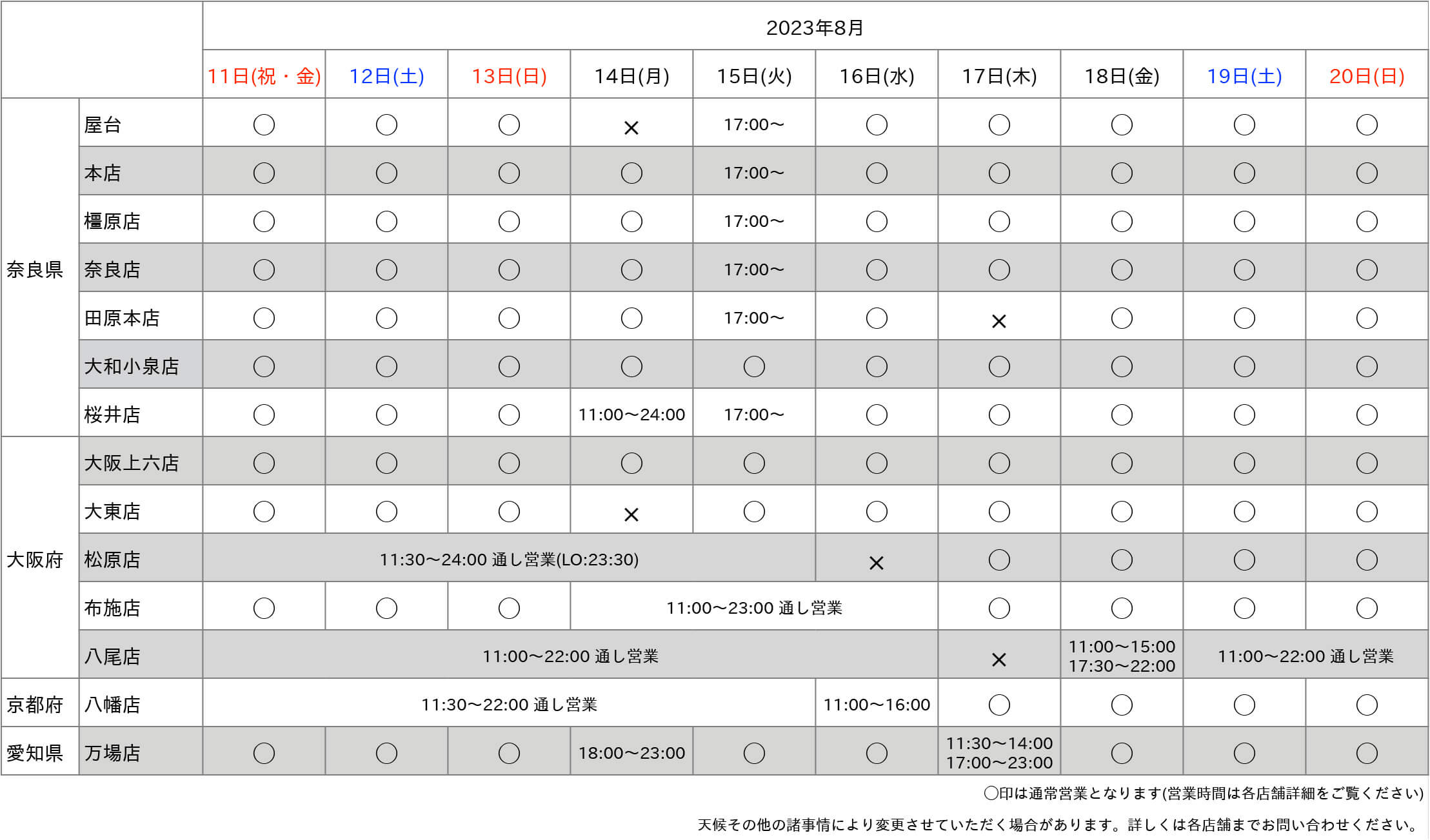 2023年お盆期間中の営業