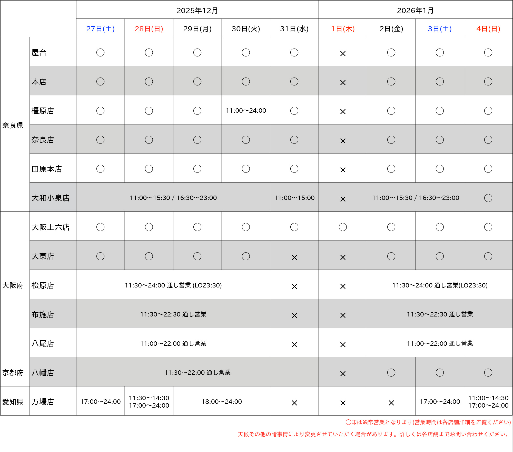 彩華2025年-2026年年末年始の営業日